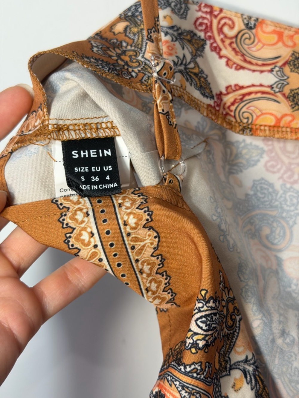 SHEIN Paisley Satin Tie-Front Camisole in Camel and Cream - Picture 4 of 4